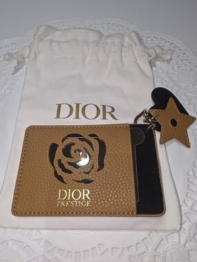 Dior Tan Leather Card Holder with Gold Logo and Star Charm With Mirror.